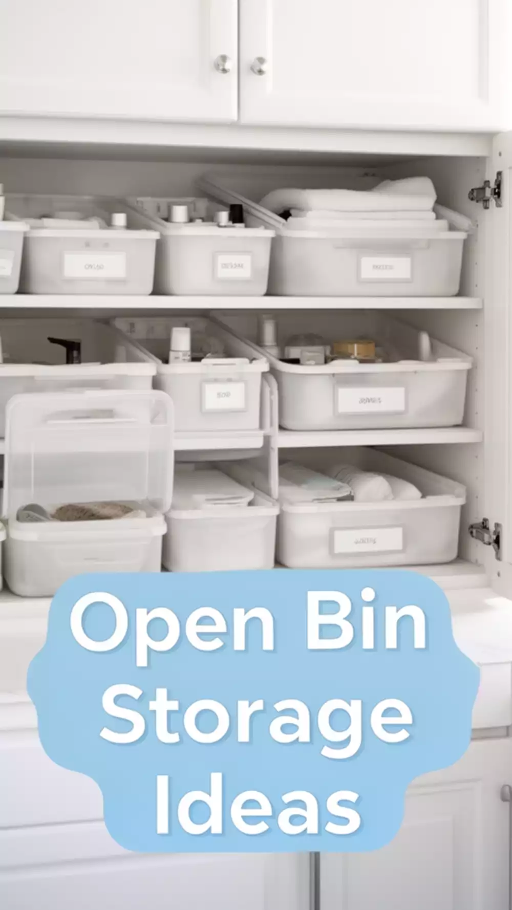 Bathroom Cabinet Open Bin System That Removes the Step of Closing Containers