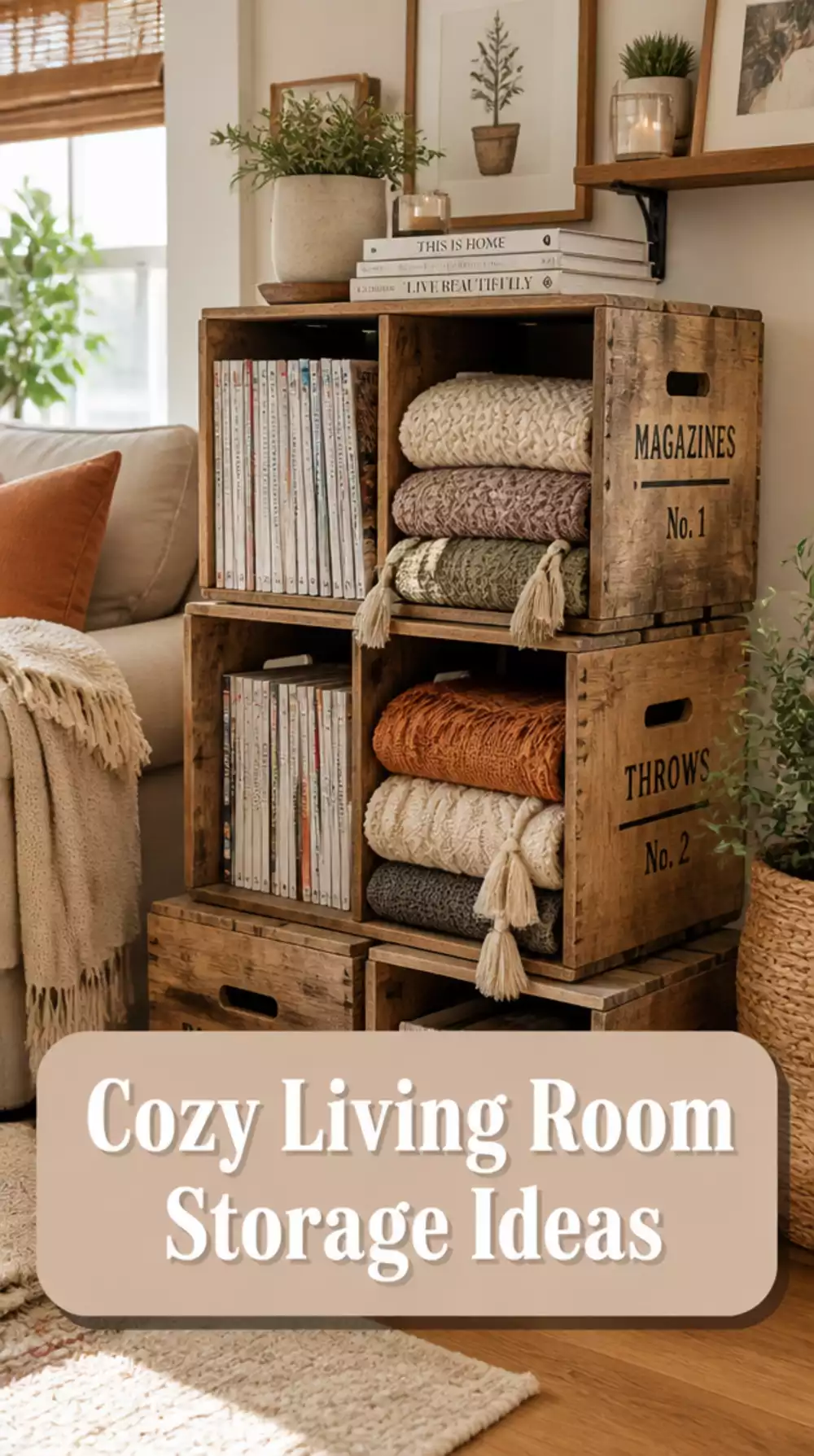 Living Room Wooden Crate Stack That Stores Magazines and Throws in Plain Sight