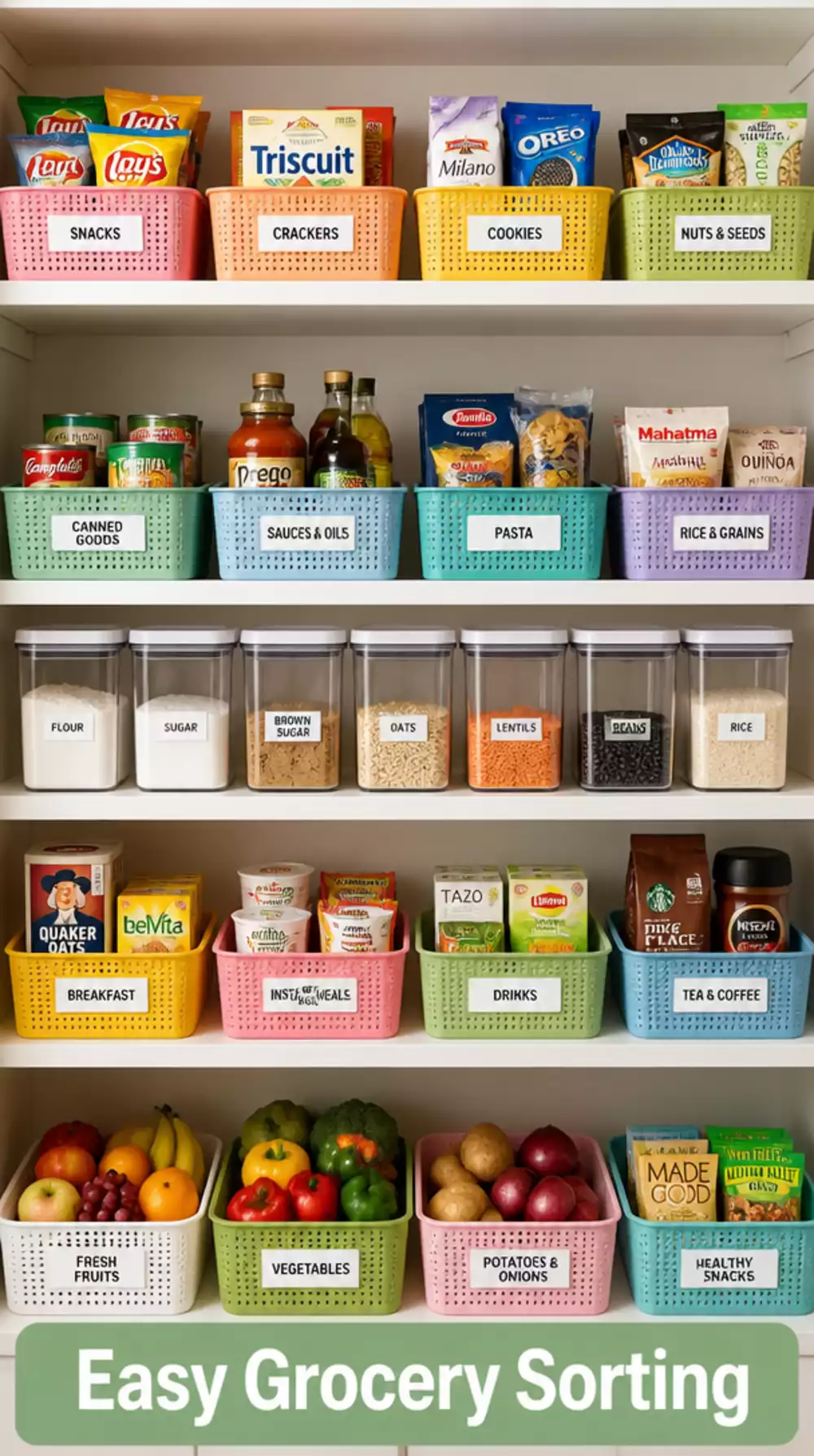 Kitchen Pantry Color-Coded Basket System That Sorts Groceries by Category