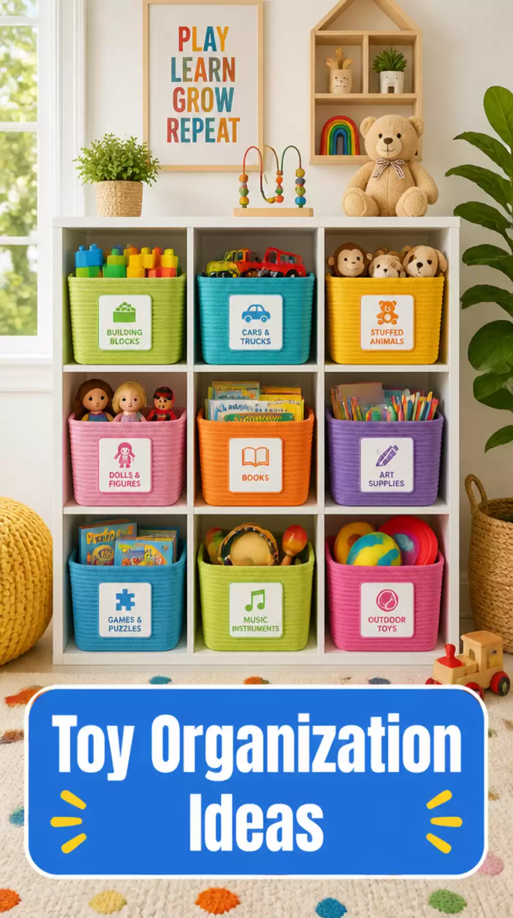 Kids Room Labeled Basket Row That Sorts Every Toy Category into Its Own Home