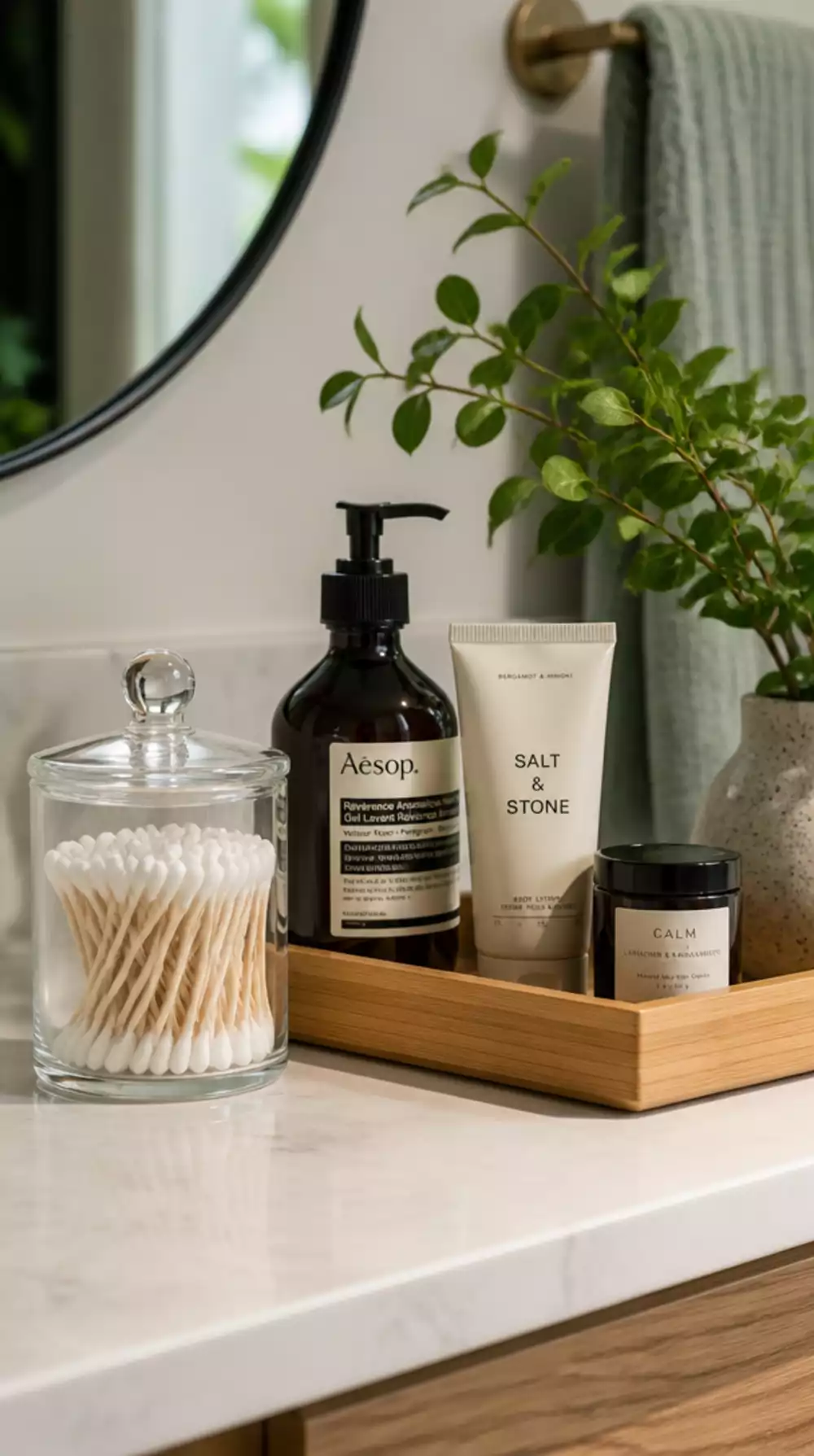 Japandi Bathroom Bamboo Organizer Tray That Reduces Counter to Only Bare Essentials