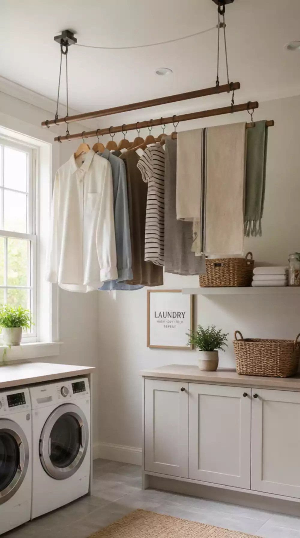 Laundry Room Ceiling-Hung Drying Rack That Pulls Down and Lifts Back Out of the Way