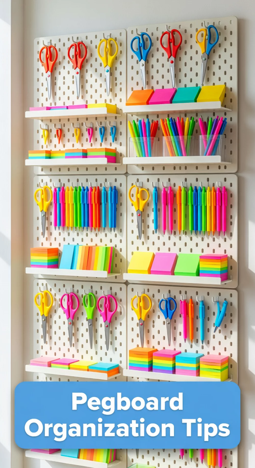 Home Office Pegboard Wall That Stores Supplies Without Using Desk Space