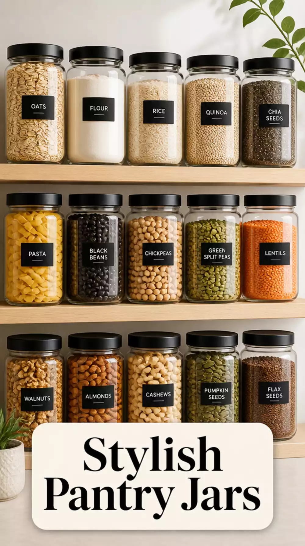 Pantry Uniform Jar Set with Black Lids That Makes Shelves Look Styled