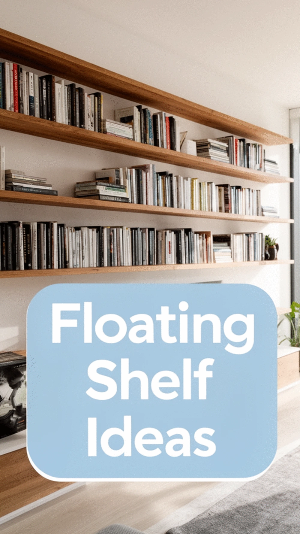 Living Room Floating Shelf Row That Displays Books with Spines Facing Outward