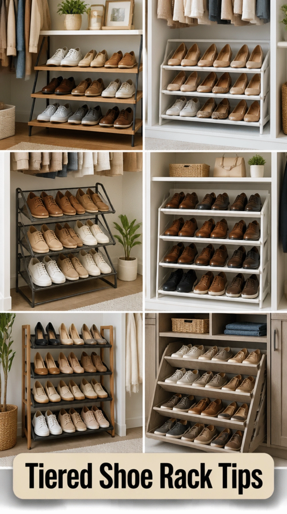 Closet Tiered Shoe Rack That Doubles Floor Space by Stacking Pairs on Angles