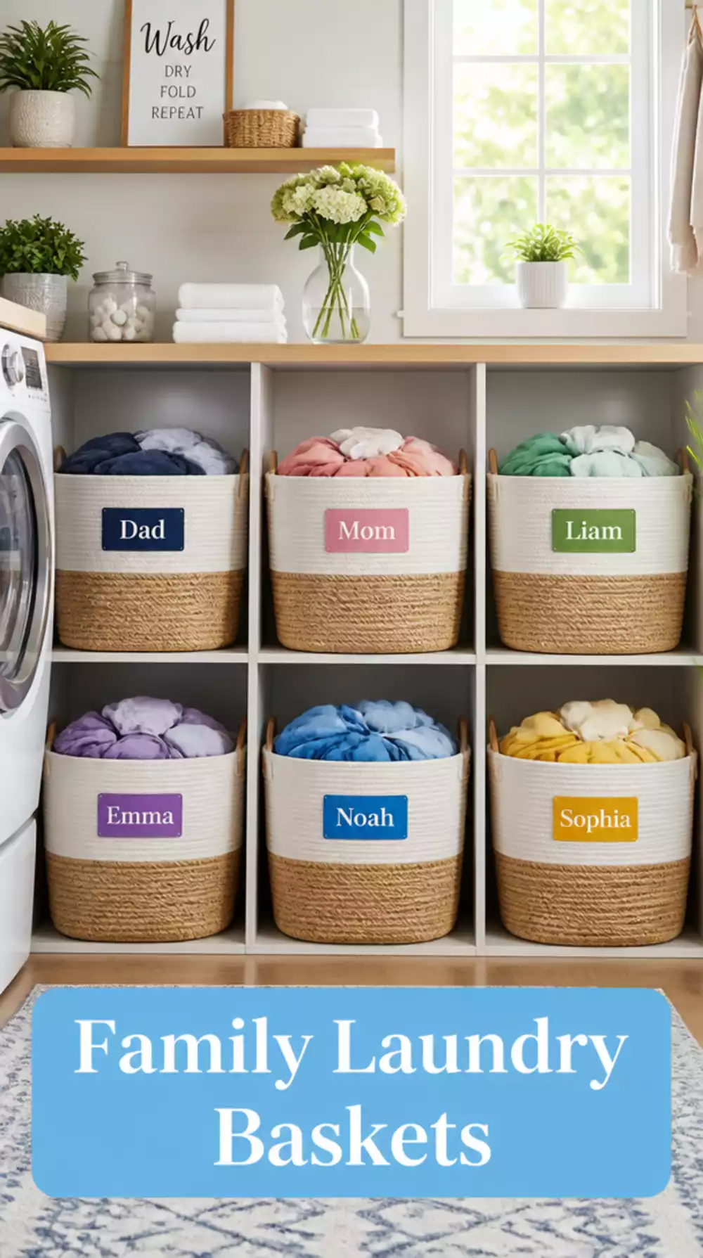 Laundry Room No-Fold Basket System That Assigns One Bin Per Family Member