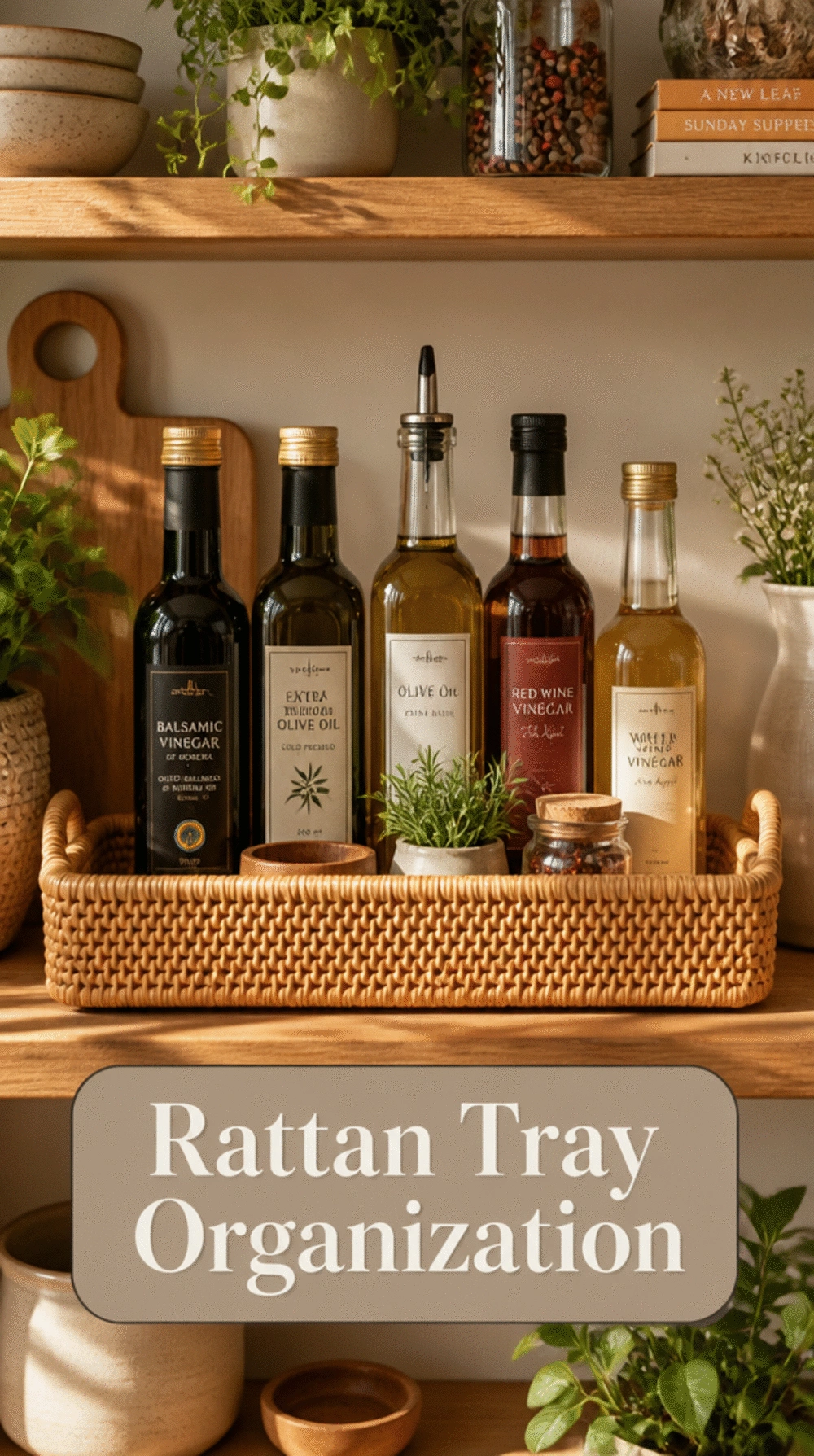 Kitchen Open Shelf Rattan Tray That Groups Oils and Vinegars Together Neatly