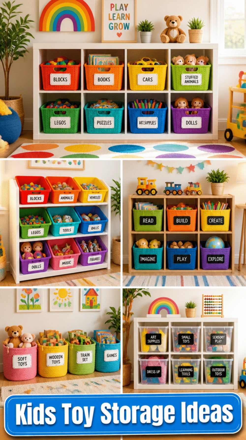Kids Room Coloured Basket Row That Assigns One Bin per Toy Type Automatically