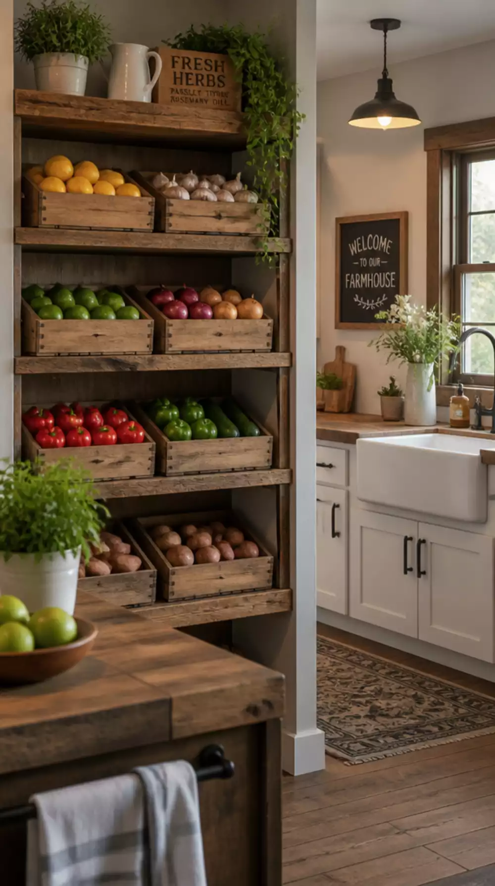 Farmhouse Kitchen Open Shelf Wooden Crate That Holds Fruit and Root Vegetables