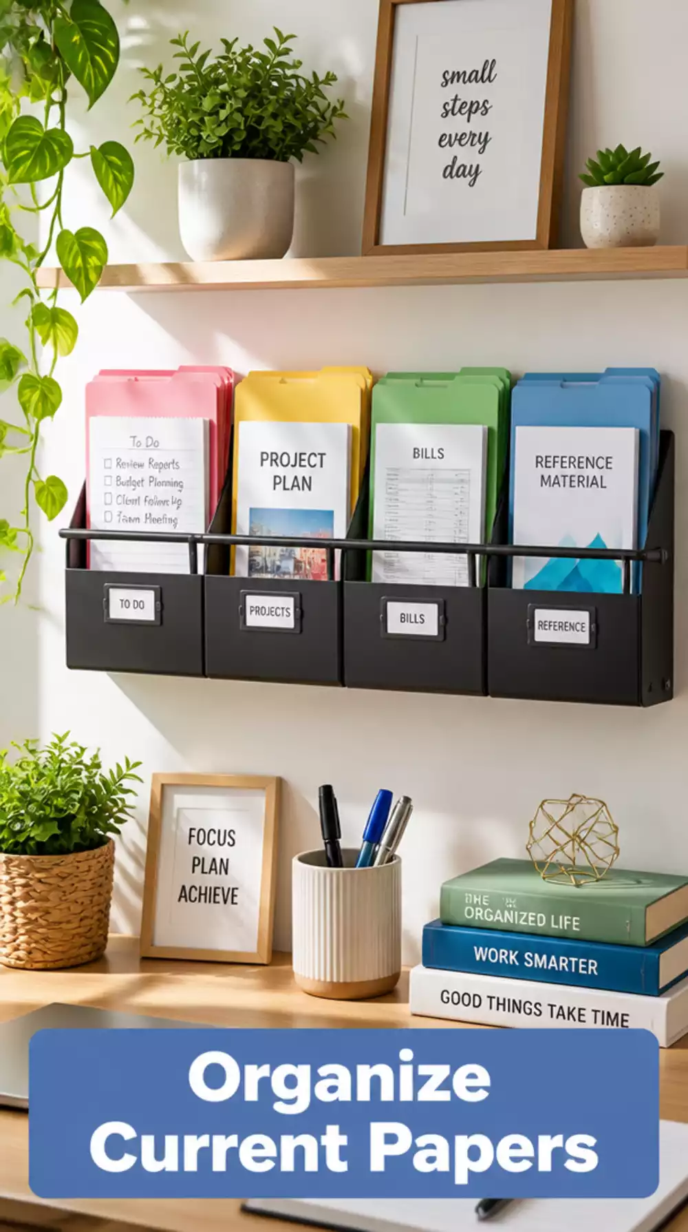 Home Office Wall-Mounted Magazine File Rail That Keeps Current Papers Visible
