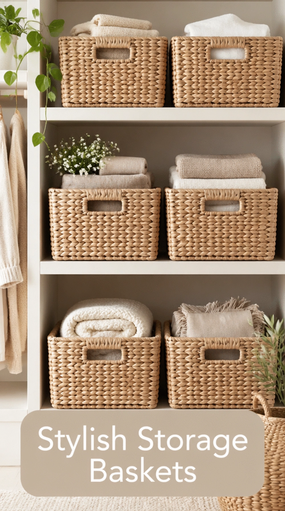 Closet Matching Woven Baskets on Upper Shelf That Tidy Seasonal Items Away