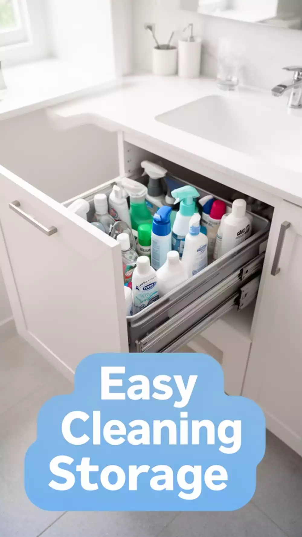 Bathroom Cabinet Pull-Out Cleaning Bin That Groups All Products in One Sliding Drawer