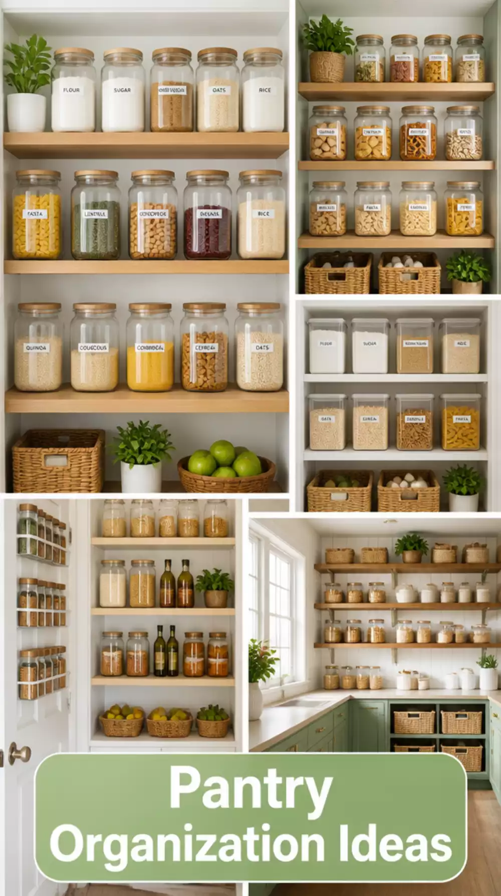 Thrift Store Glass Jar Set Decanted into Pantry Shelves for a Matching Display