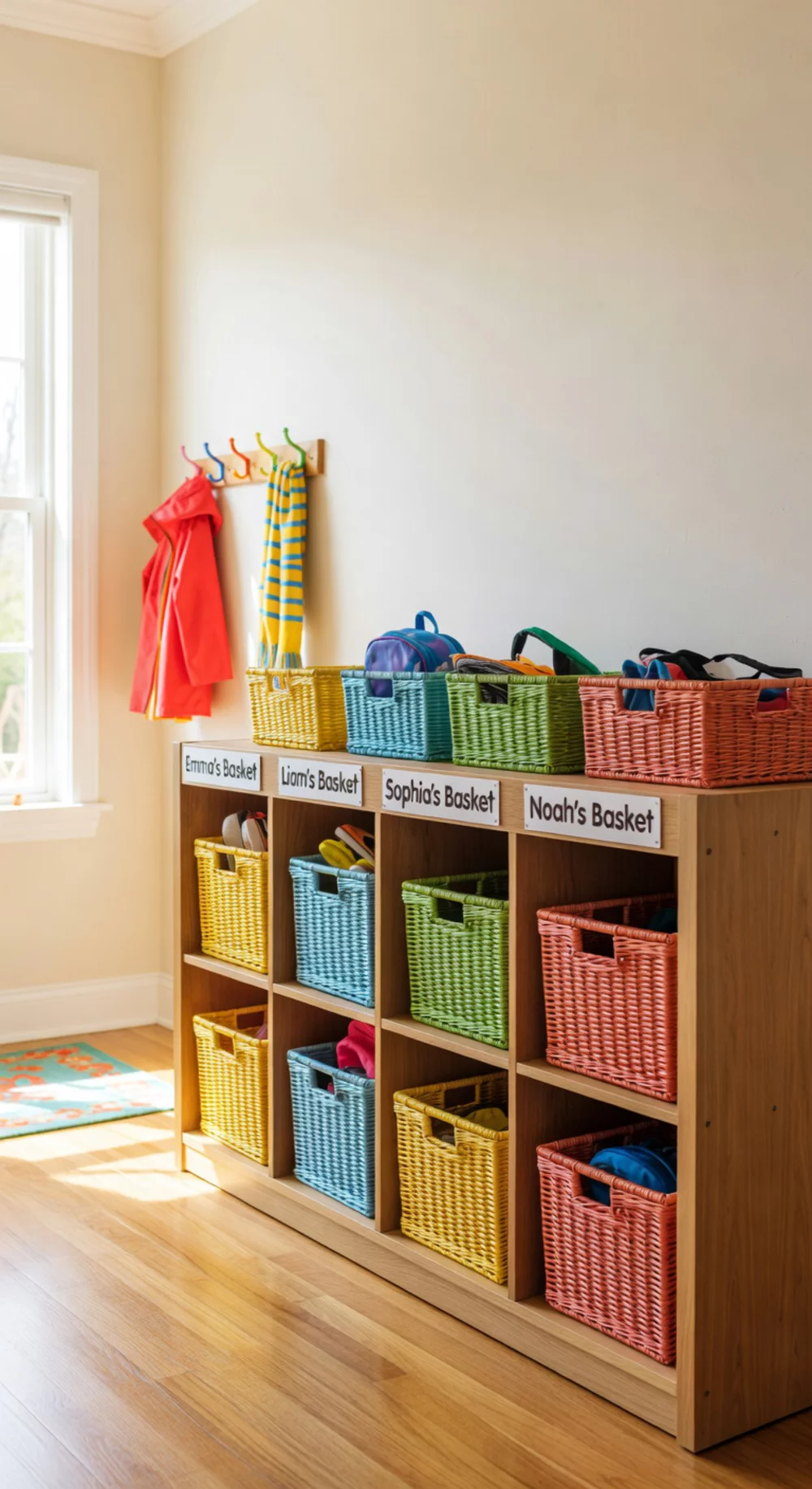 Entryway Cubby Bench with Labeled Baskets for Kids