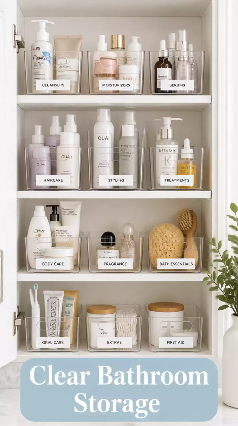 Bathroom Cabinet Small Clear Bins That Sort Products by Category on Every Shelf