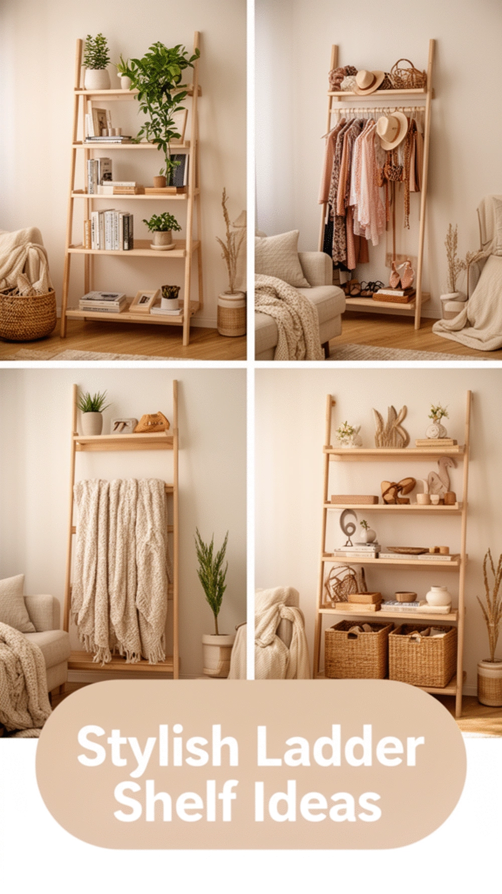 Studio Living Room Ladder Shelf That Serves as Wardrobe- Display- and Storage at Once