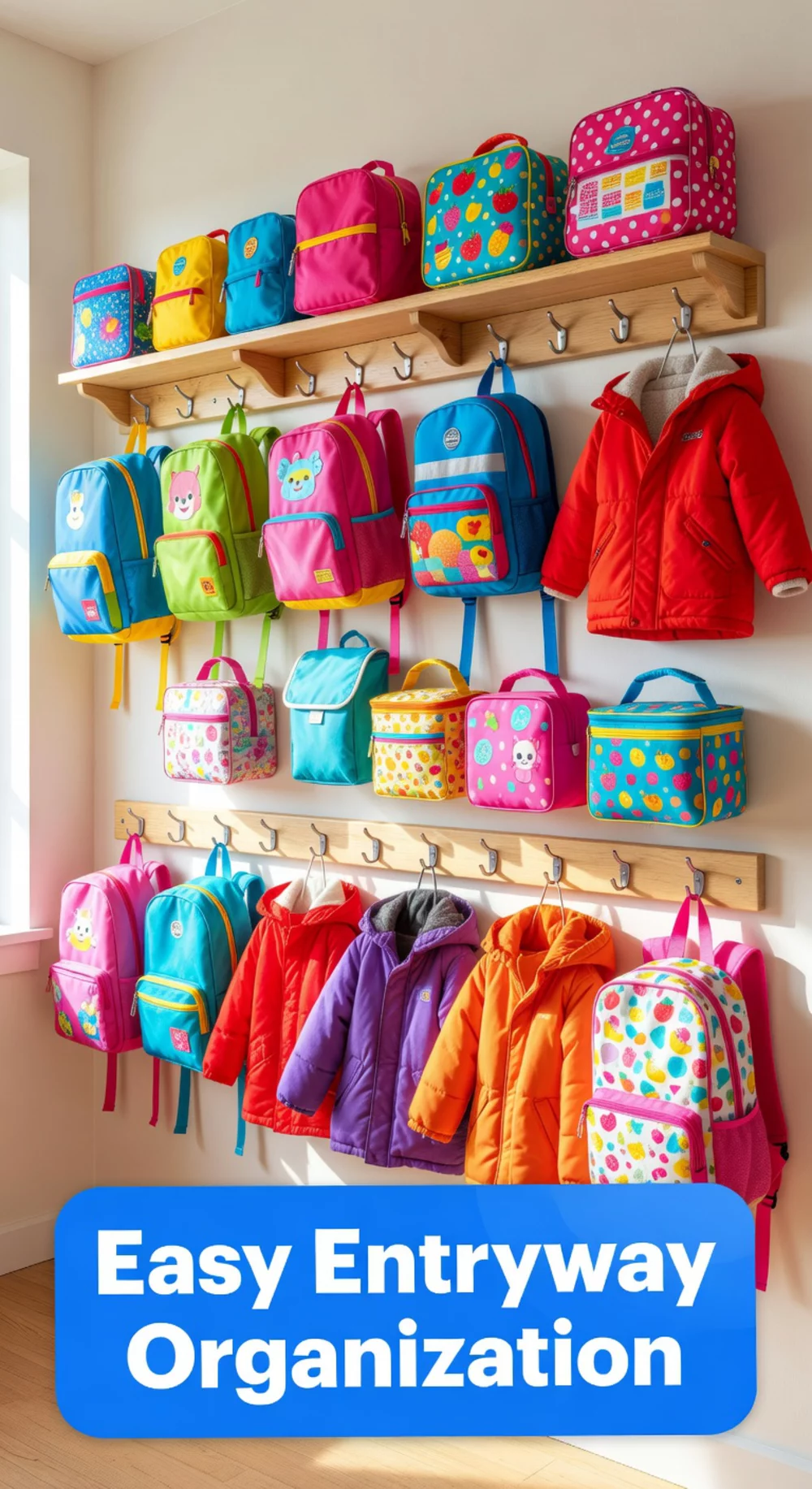 Entryway Wall Hook Row That Holds Backpacks, Coats, and Lunchbags for Each Kid