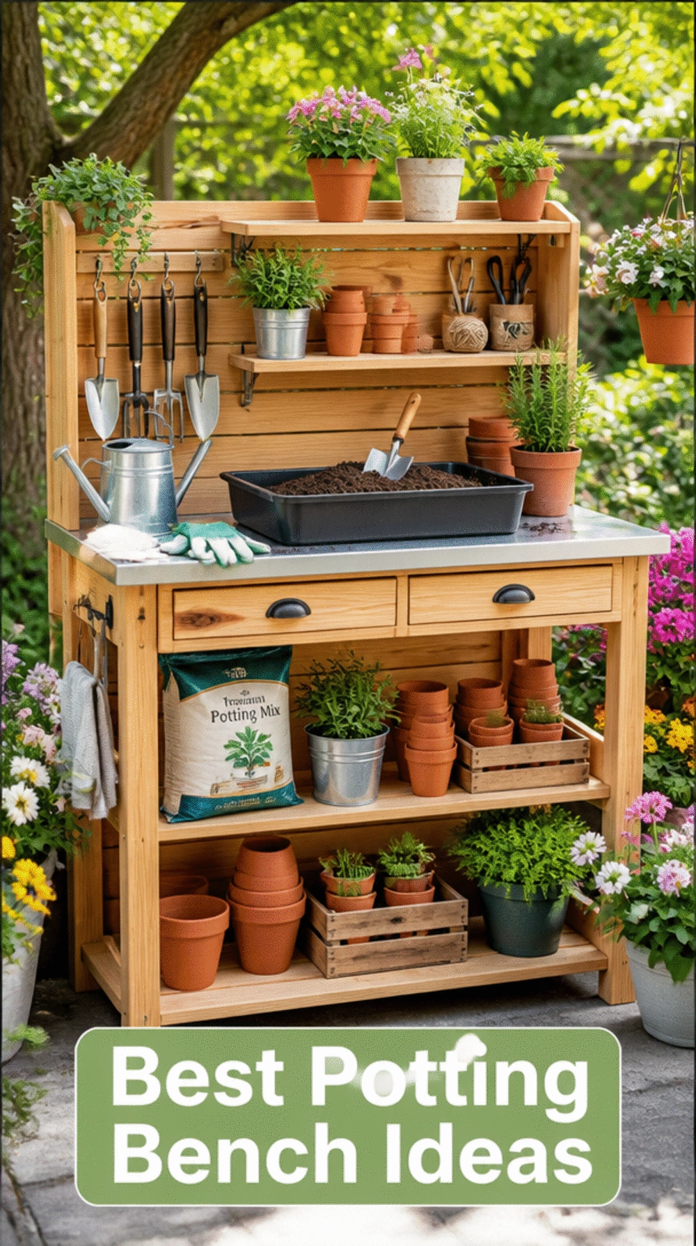 The Garden Potting Bench with Shelf Below That Keeps Soil, Pots, and Tools Together