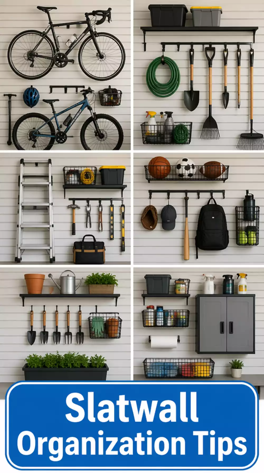 Garage Slatwall Panel with Hooks That Holds Bikes, Ladders, and Garden Tools